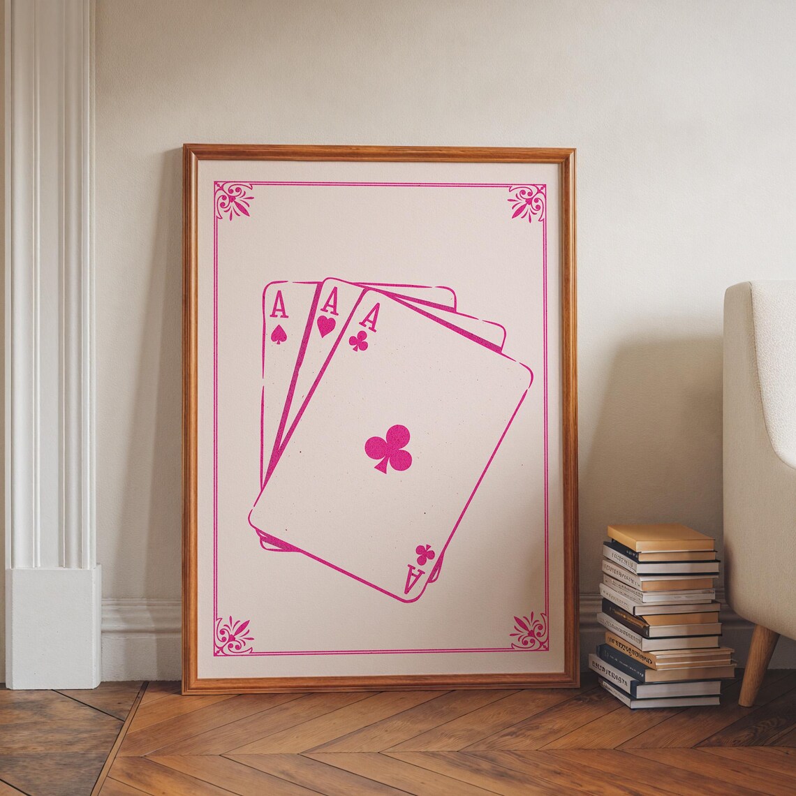 Hot Pink Aces Fanned Playing Cards Modern Pop Line Art Poster