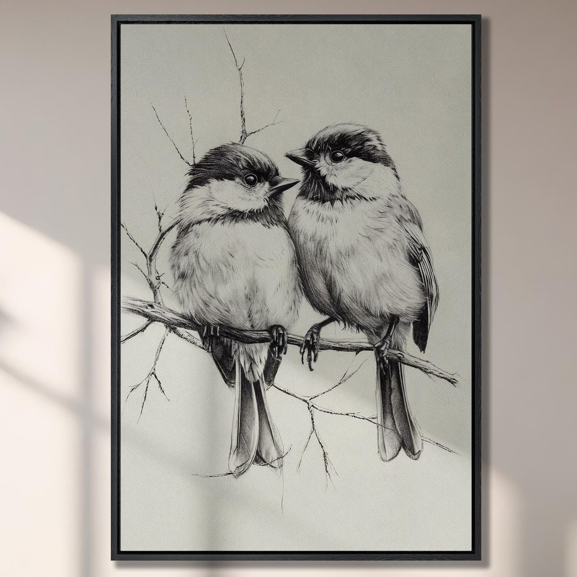 Two Fluffy Chickadees Perched Sketch Black and White Art Poster