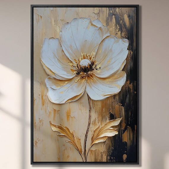 Gold And White Floral Wall Art Abstract Flower Painting Print Luxury Wall Decor Botanical Poster Modern Artwork Ready To Hang Gift