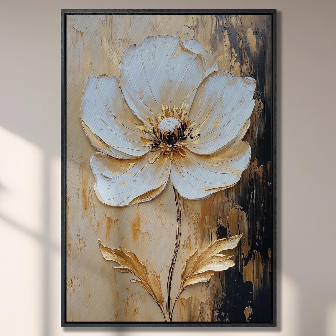 Large White And Gold Textured Floral Bloom Impasto Painting Poster