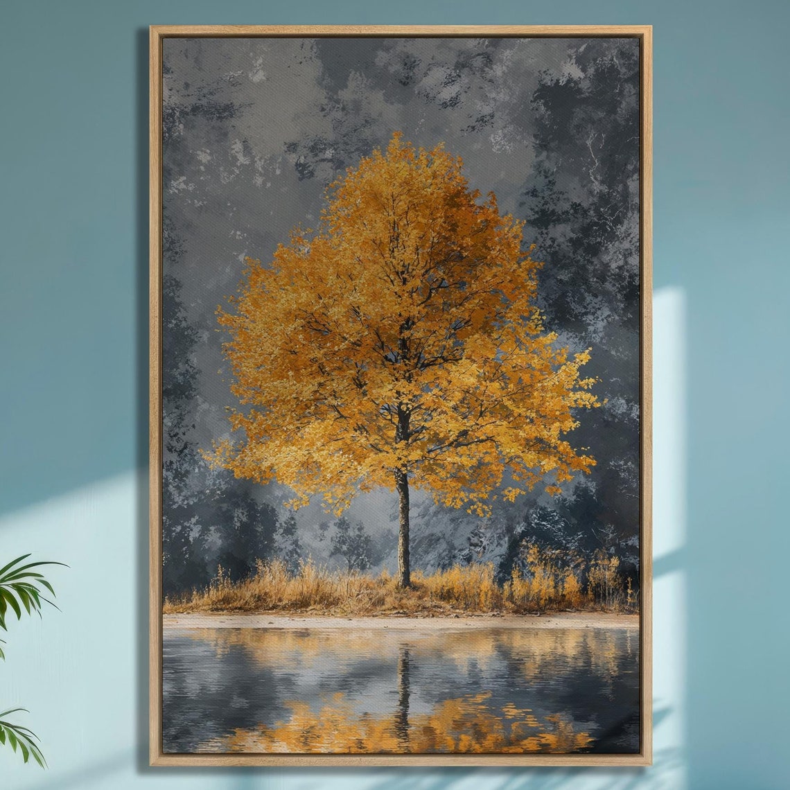 Orange Autumn Tree by a Calm Lake With Mirror Reflection Poster