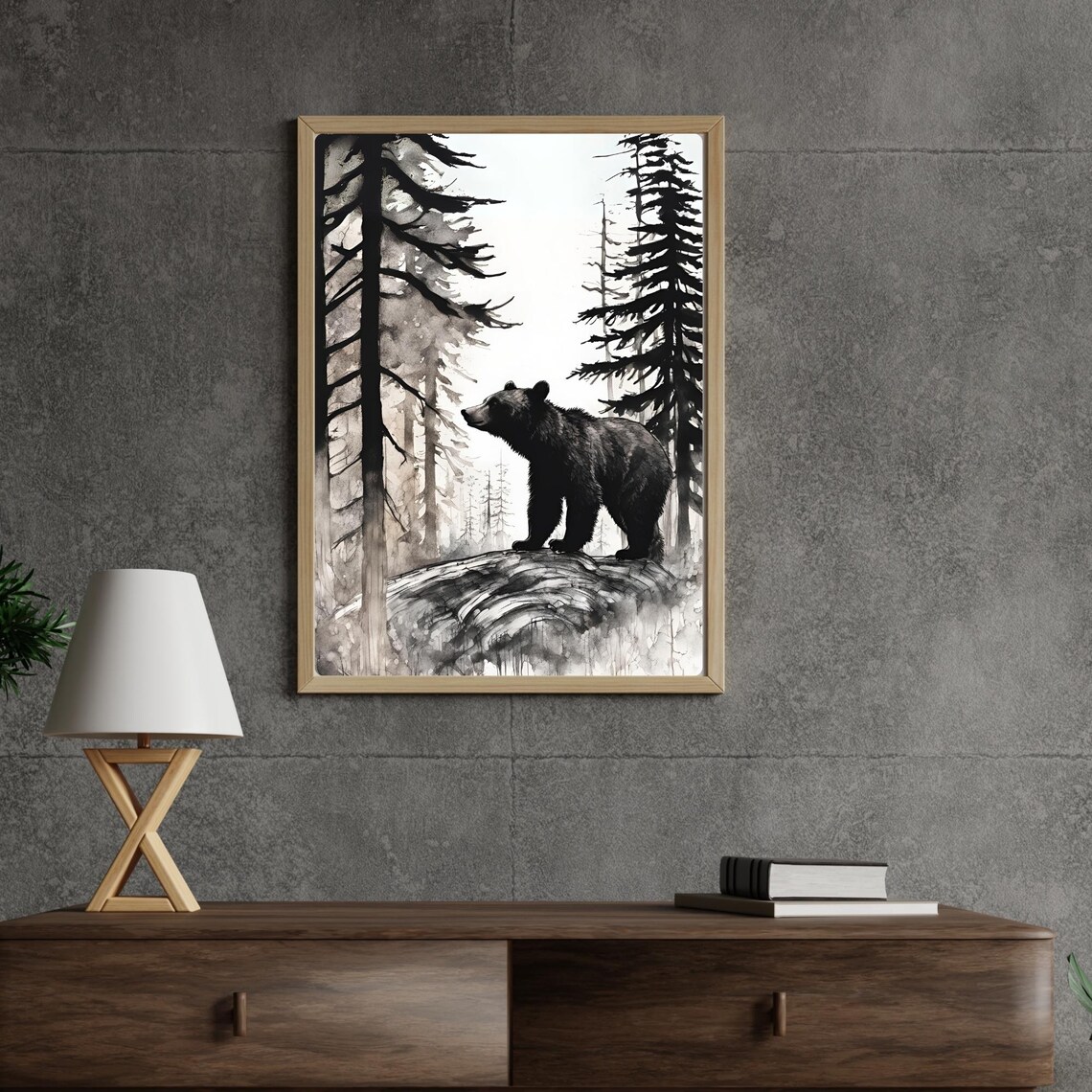 Black Bear Standing On Rock Among Tall Pine Trees Monochrome Nature Poster - Image 2