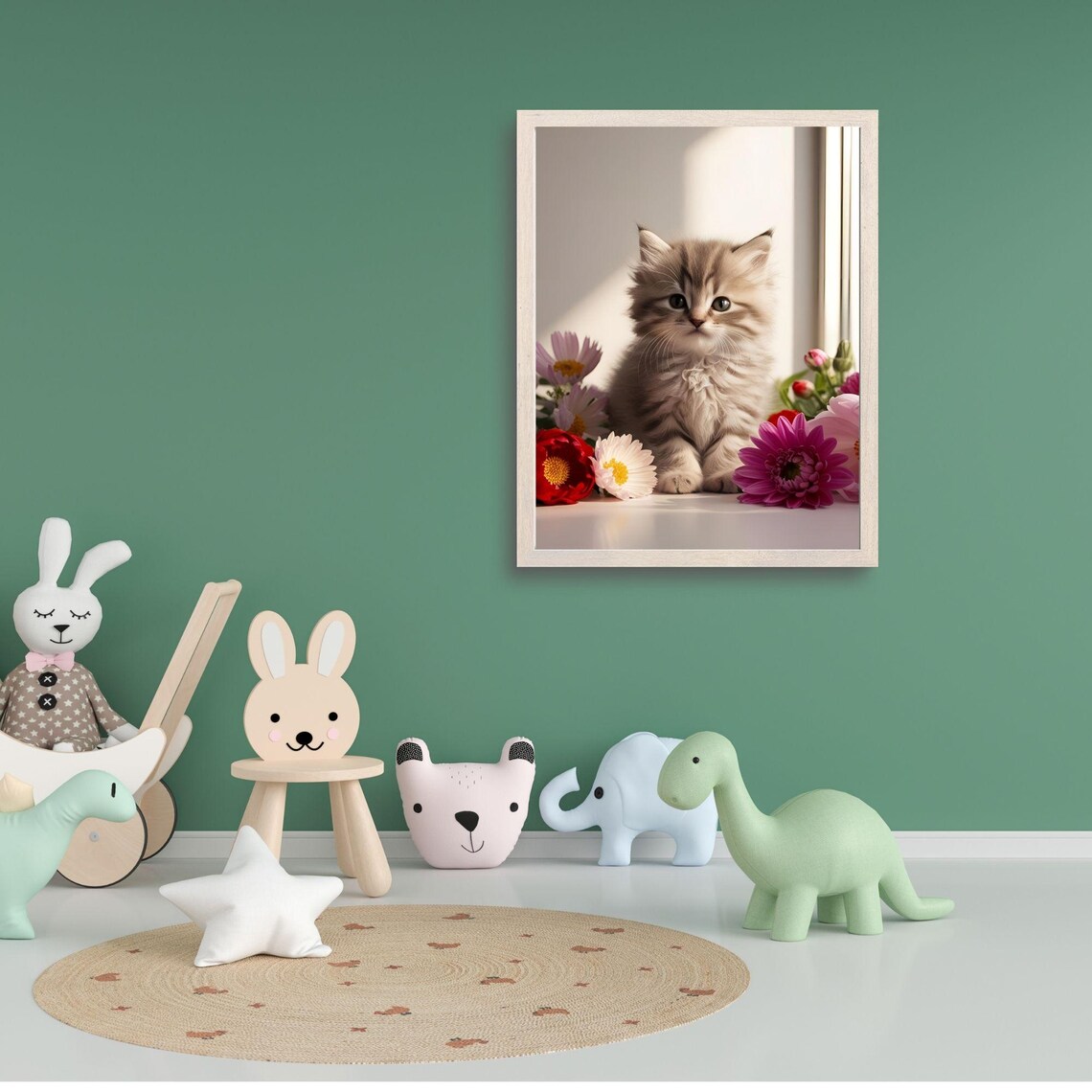 Fluffy Tabby Kitten Sitting Among Colorful Flowers In Window Light Print - Image 3