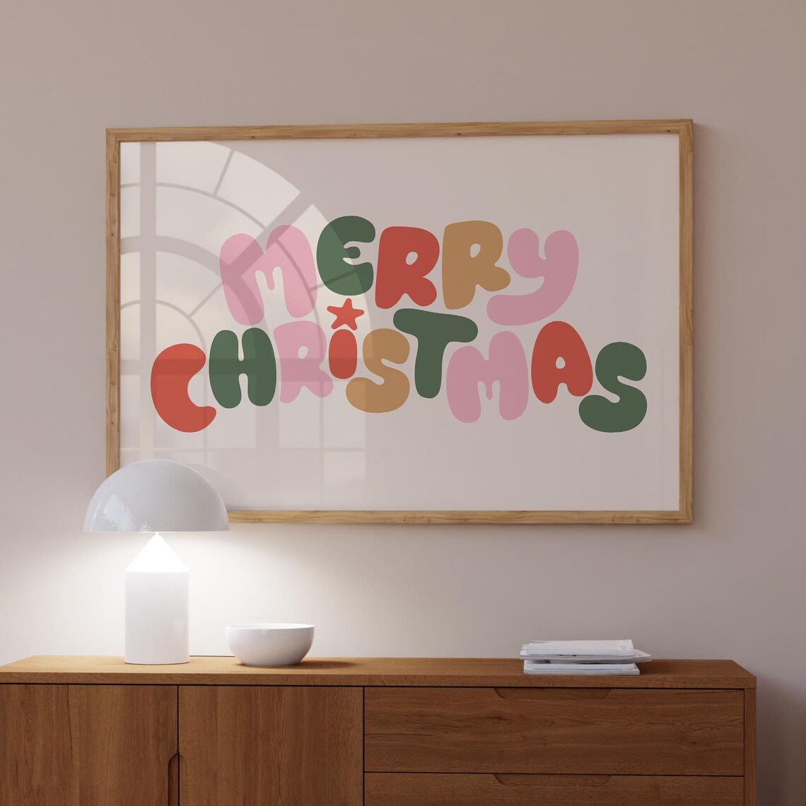 Merry Christmas Retro Bubble Letters Colorful Holiday Art Poster