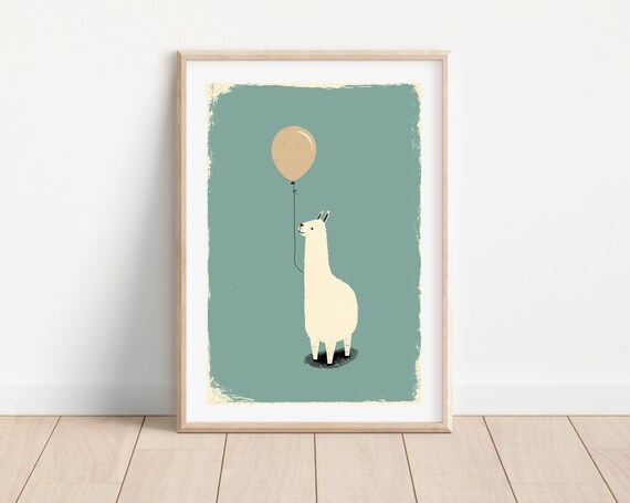 Minimalist Llama Holding Balloon Teal Background Nursery Animal Wall Art