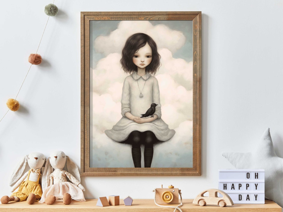 Whimsical Little Girl Sitting On A Cloud Holding Black Bird Poster