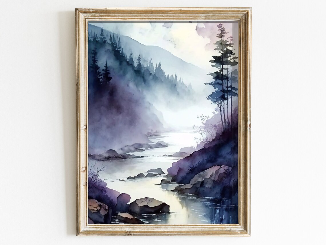 Watercolor Landscape Art Print, Moody River Forest