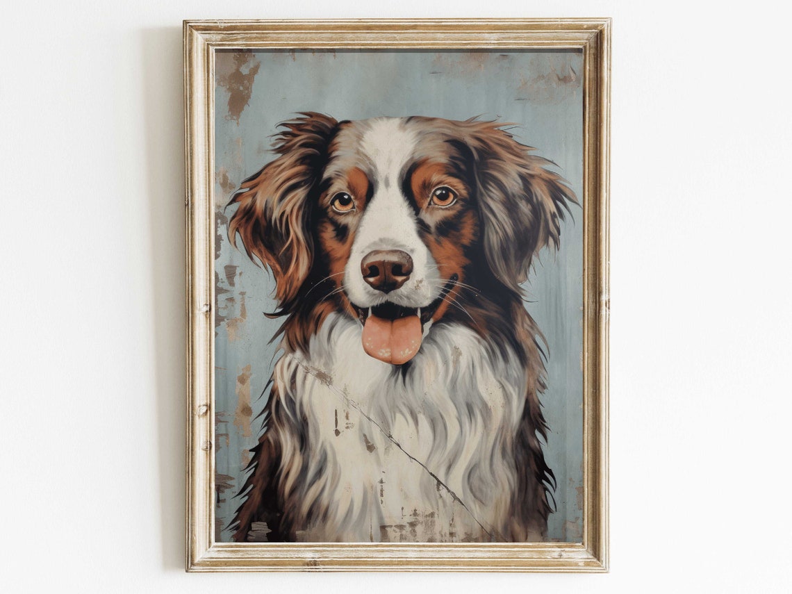 Smiling Australian Shepherd Dog Portrait Vintage Farmhouse Poster
