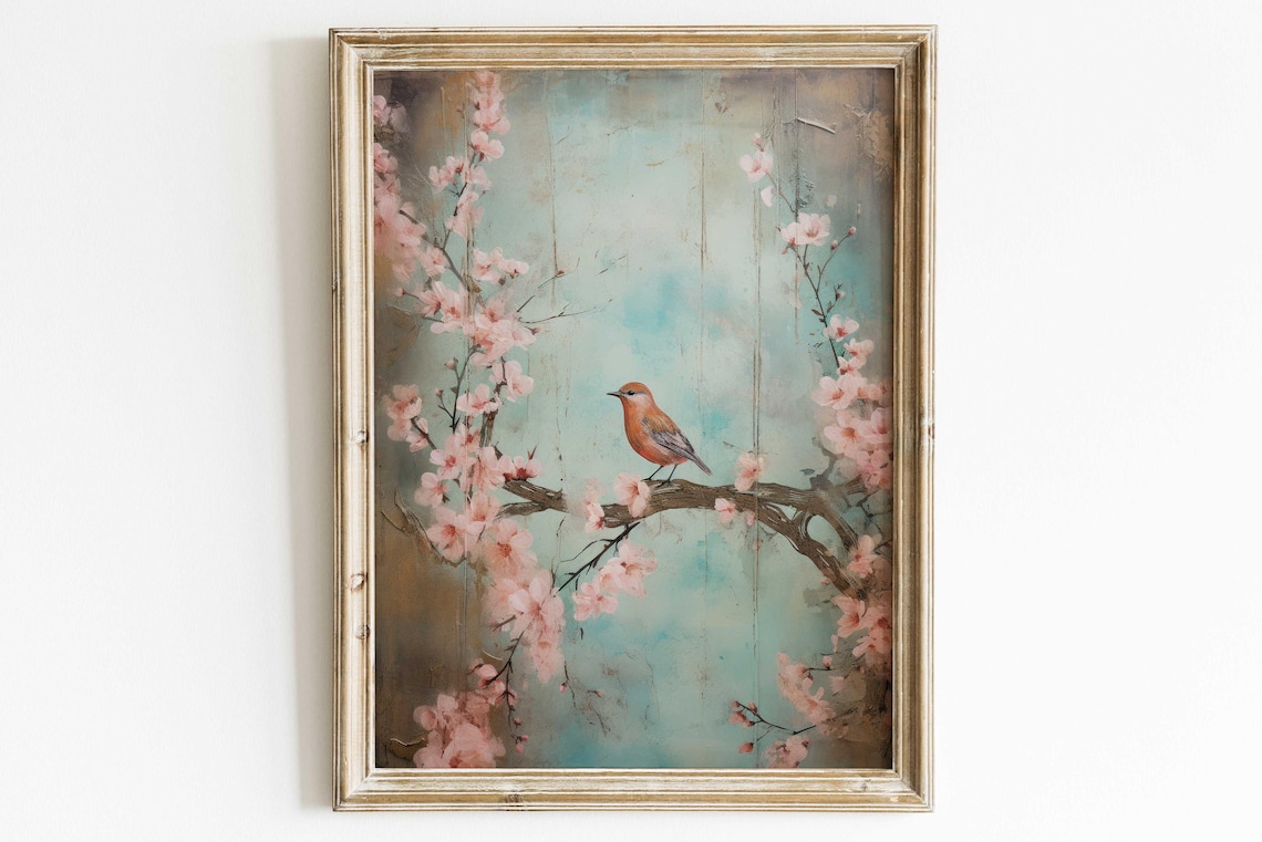 Songbird on Cherry Blossom Branch with Turquoise Background Art Poster