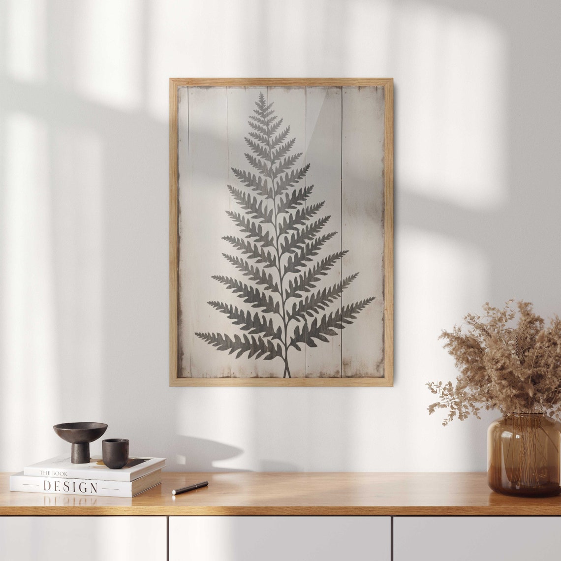 Black Fern Frond Botanical Poster Vintage Wood Panel Rustic Decor - Image 3