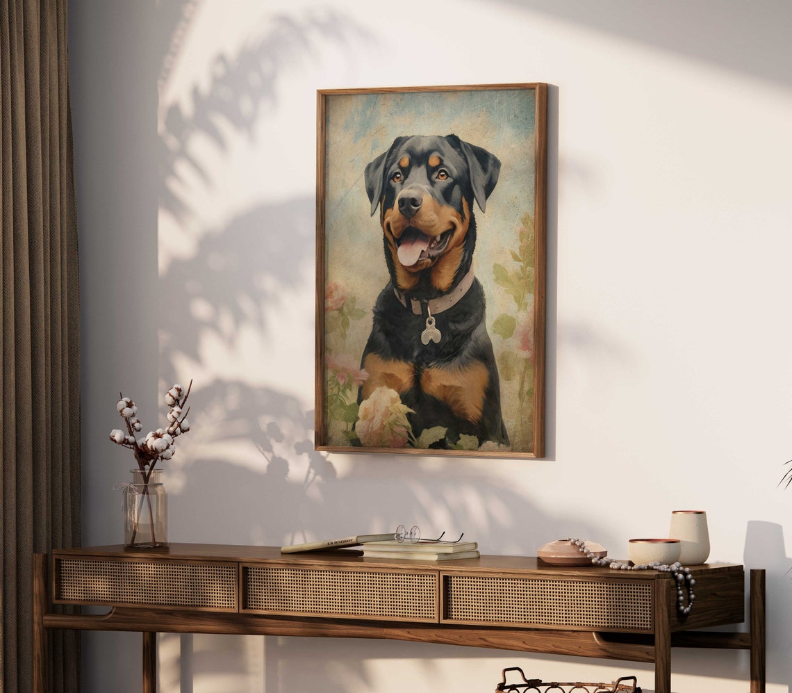Happy Rottweiler With Flowers Vintage Dog Portrait Art Poster - Image 2
