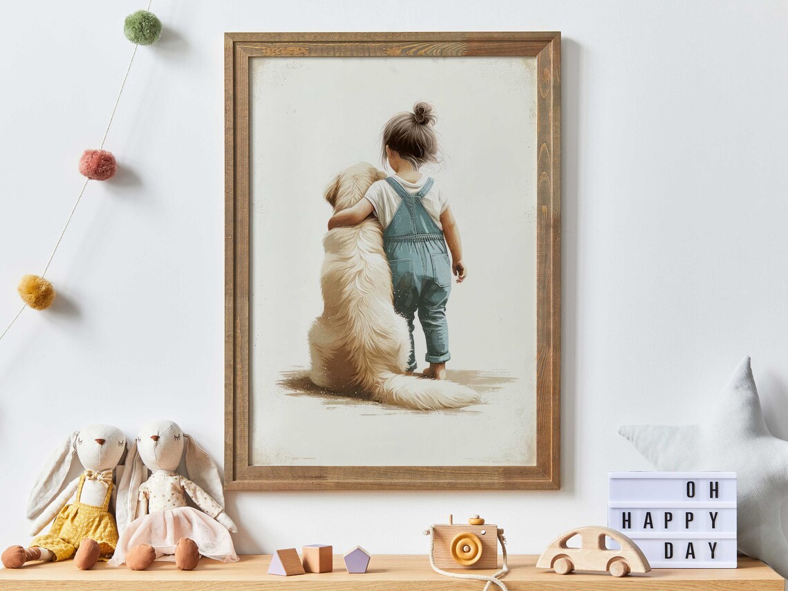Golden Retriever Nursery Art, Girl And Dog Portrait