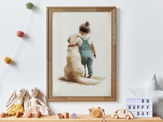 Golden Retriever Nursery Art, Girl And Dog Portrait