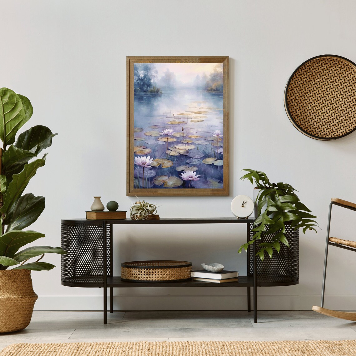 Tranquil Purple Watercolor Water Lily Pond Lake Landscape Art Poster - Image 2