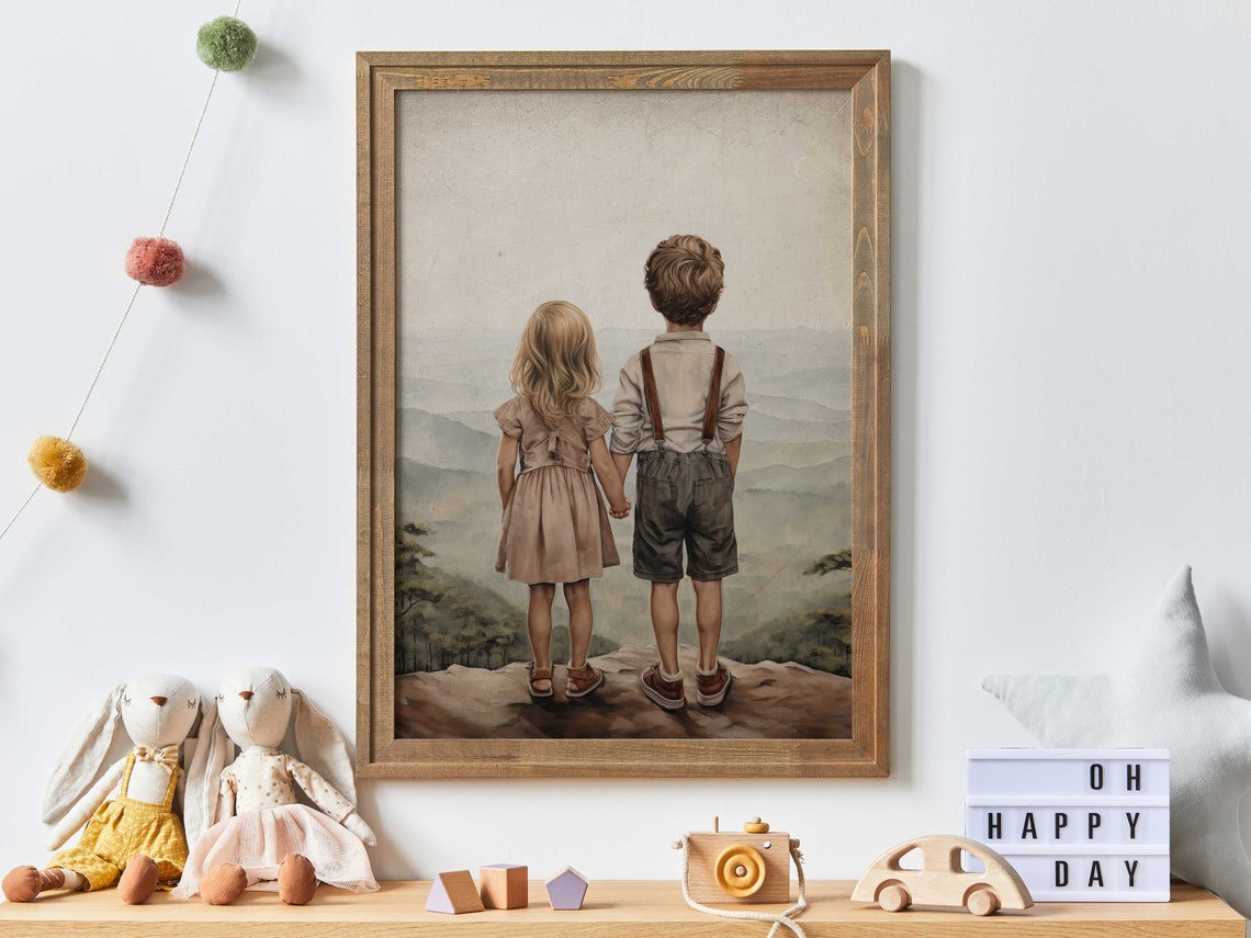 Brother and Sister Holding Hands Overlooking Misty Mountains Poster
