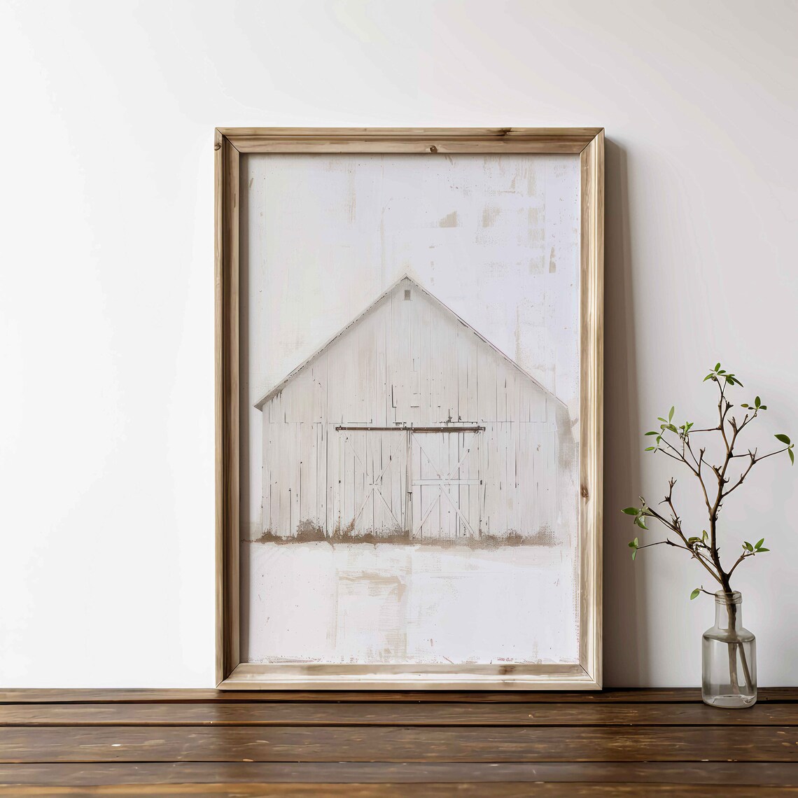 Minimalist White Barn Painting On Cream Distressed Vintage Farm Poster - Image 2