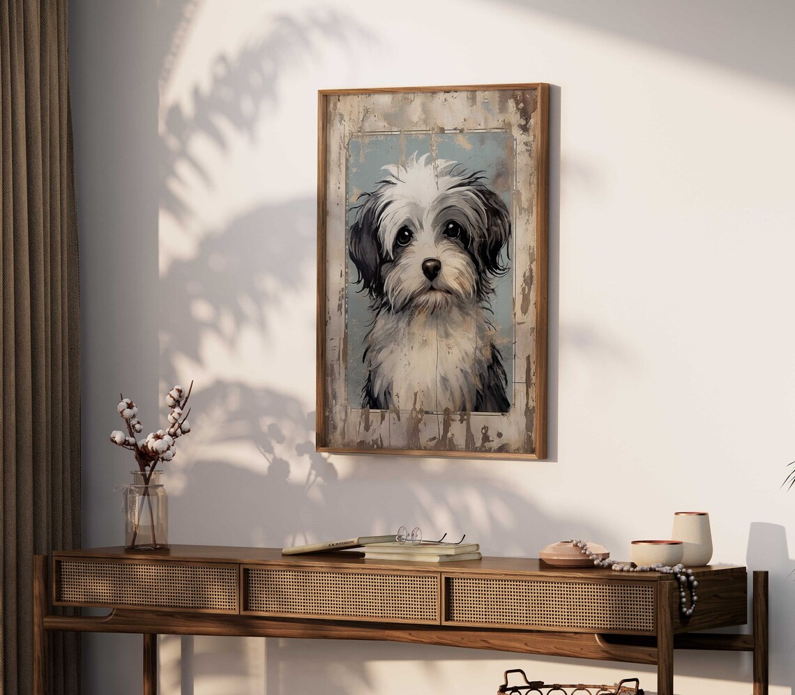 Vintage Havanese Puppy Portrait Distressed Rustic Farmhouse Poster - Image 2