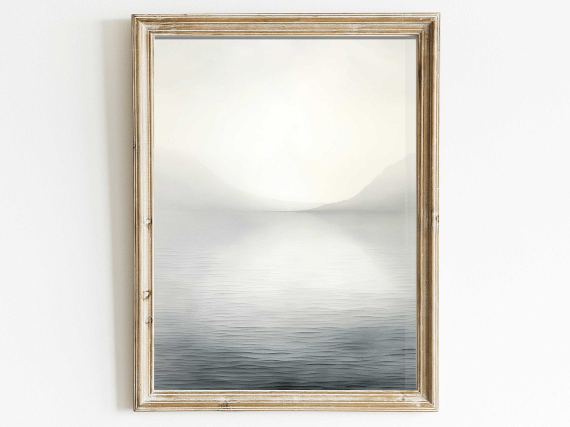 Serene Minimalist Gray Seascape with Misty Mountain View Print