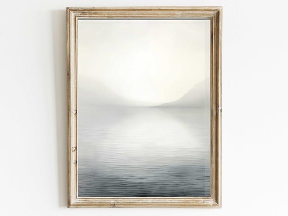 Abstract Lake And Mountains Wall Art Elegant Black White Watercolor Customizable Size Vintageinspired Landscape