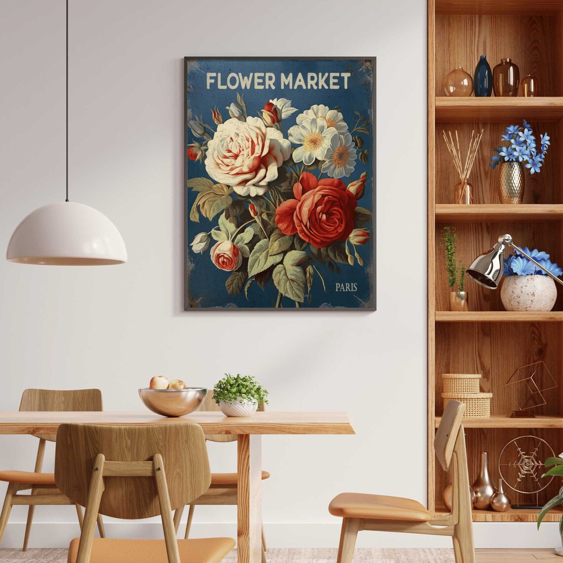 Flower Market Paris Vintage Rose Bouquet Navy Floral Art Print - Image 2