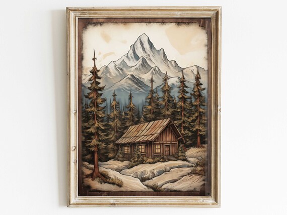 Rustic Mountain Cabin Print Forest And Mountain Wall Art Cottage Art Print Vintage Style Nature Print Art