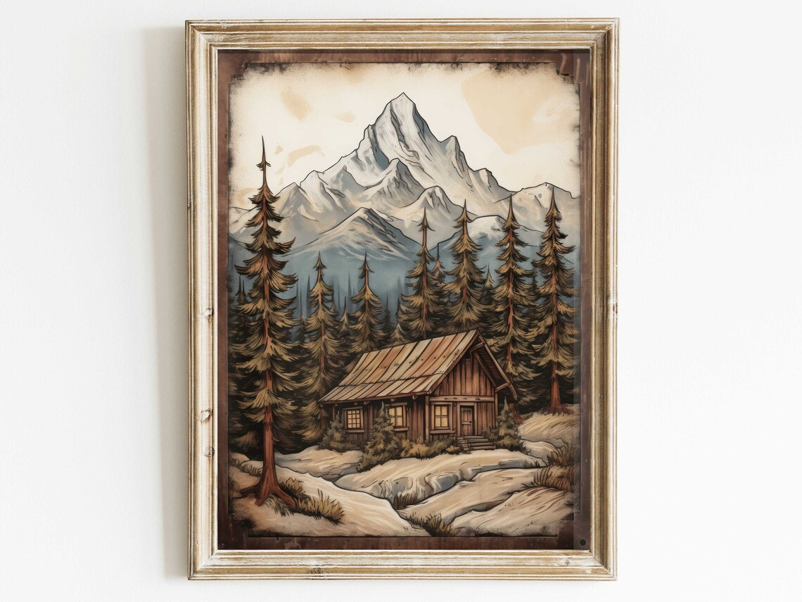 Snowy Mountain Cabin Among Tall Pines Vintage Nature Art Poster