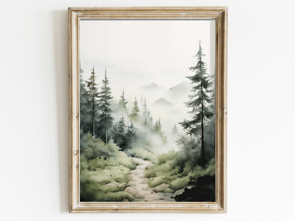 Misty Watercolor Forest Landscape with Tall Pine Trees Poster