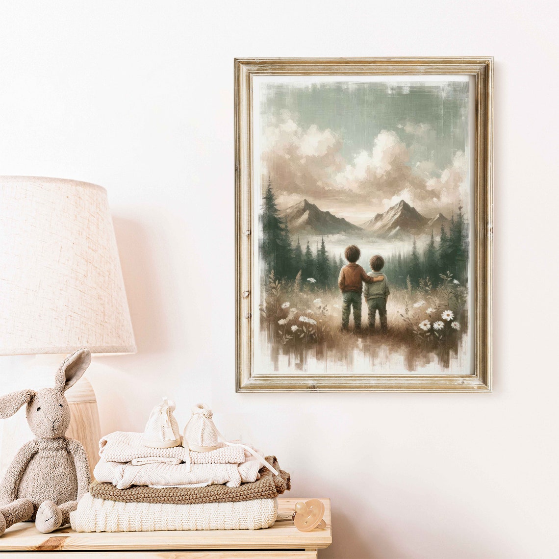 Two Brothers Arm in Arm Gazing at Misty Mountains Nursery Poster - Image 2