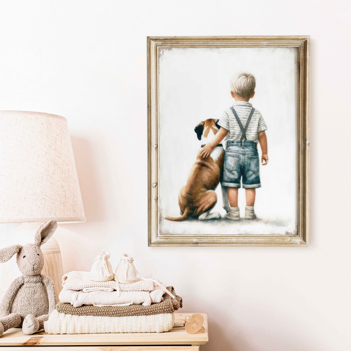 Little Boy and His Boxer Dog Best Friends Rustic Kids Room Wall Poster - Image 2