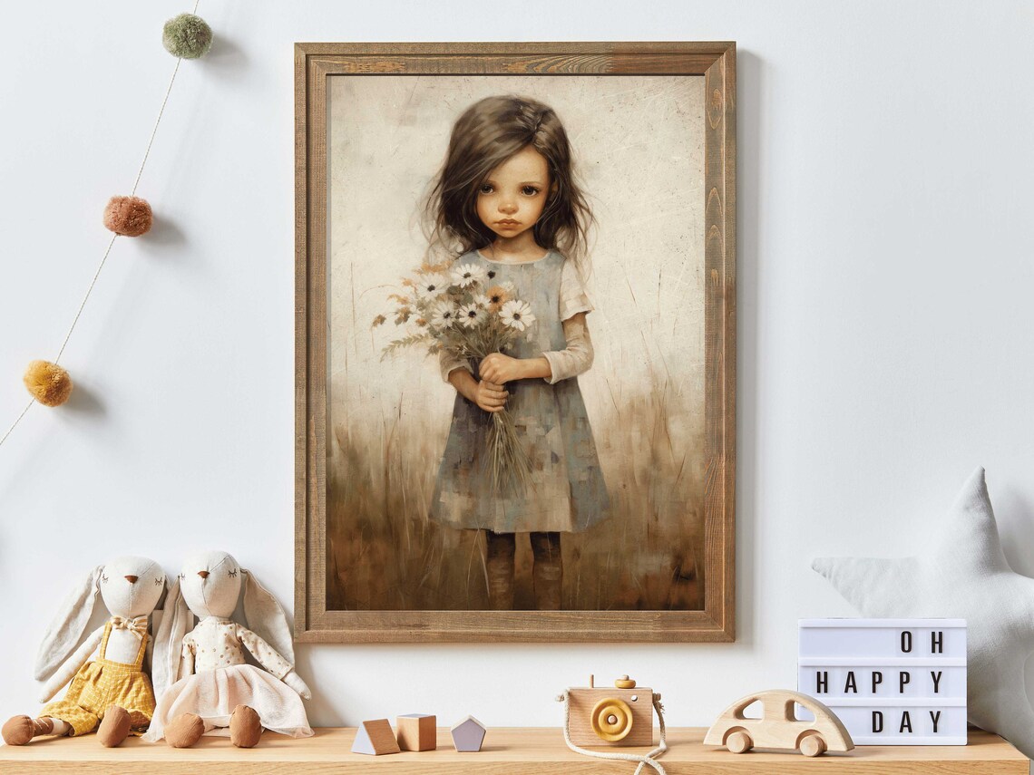 Little Girl Holding a Wildflower Bouquet in a Golden Field Poster