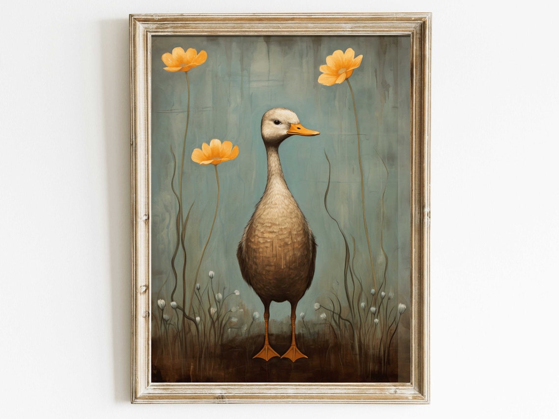 Whimsical Vintage Duck Standing Among Orange Blossom Flowers Poster