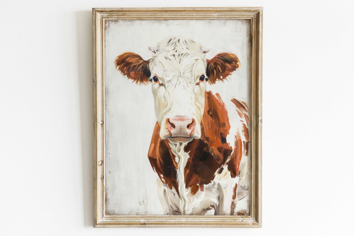 Brown and White Cow Face Portrait Painting Rustic Farmhouse Wall Art - Image 2