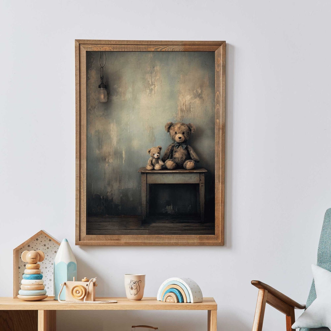 Two Vintage Teddy Bears On Old Wooden Table Moody Nursery Poster Art - Image 3