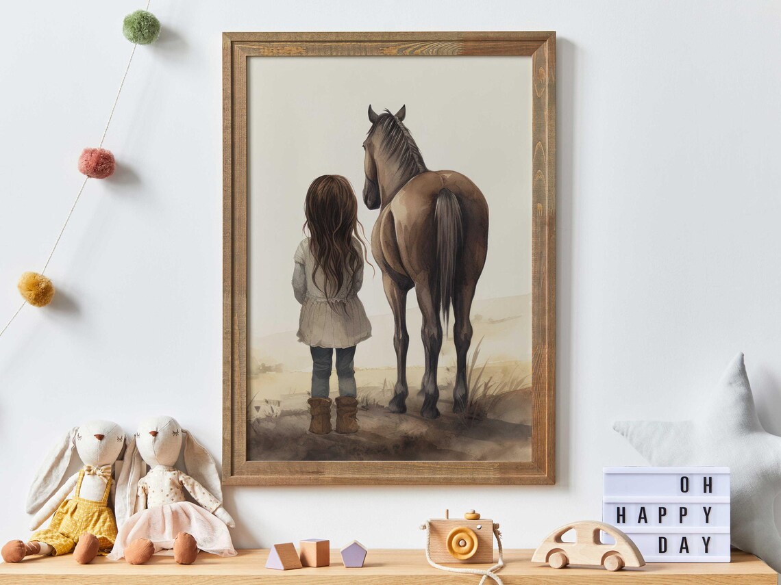 Little Girl And Her Brown Horse Watercolor Nursery Decor Poster