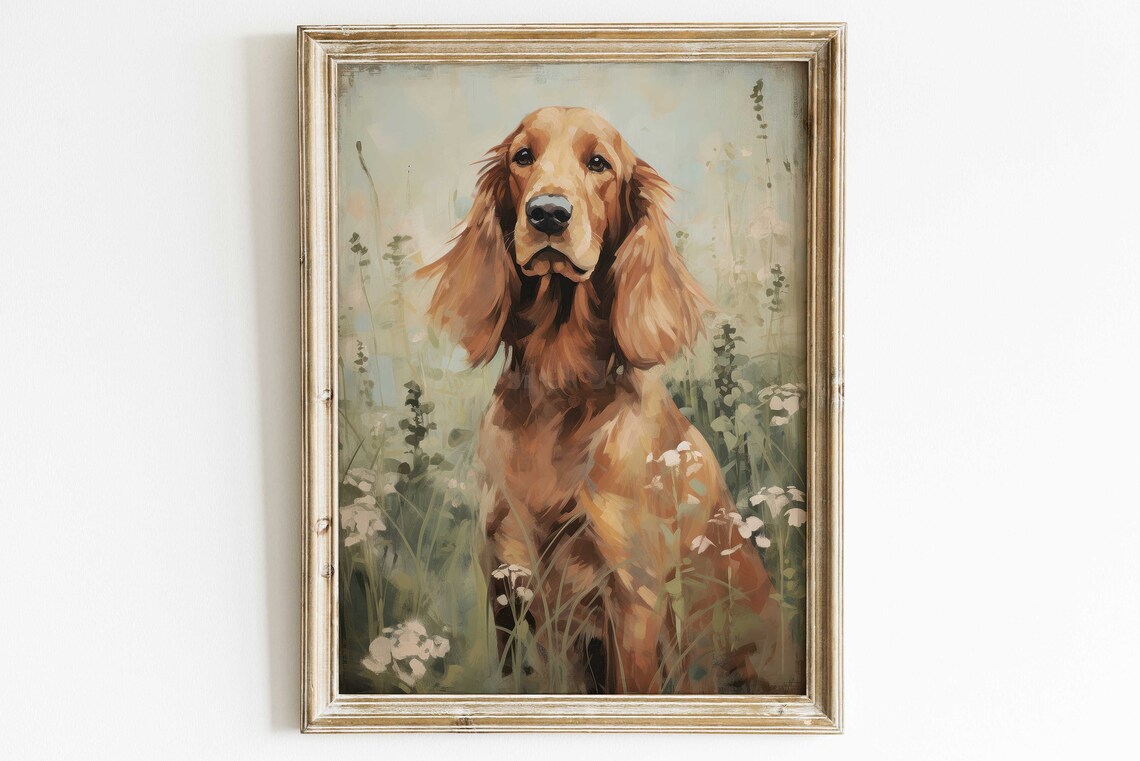 Irish Setter Dog Portrait Among Wildflowers Rustic Farmhouse Poster
