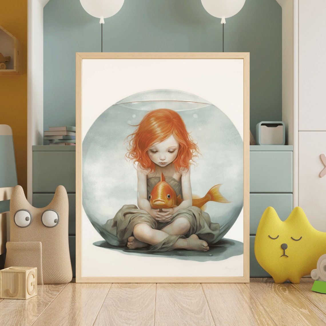 Goldfish Bowl Wall Art Quirky Nursery Decor Redhead Little Girl Fantasy Girls Room Wall Art Girls Bedroom Wall Art - Image 2