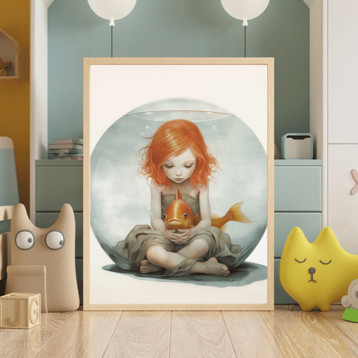 Redhead Girl with Goldfish Bowl Whimsical Fantasy Nursery Poster - Image 2