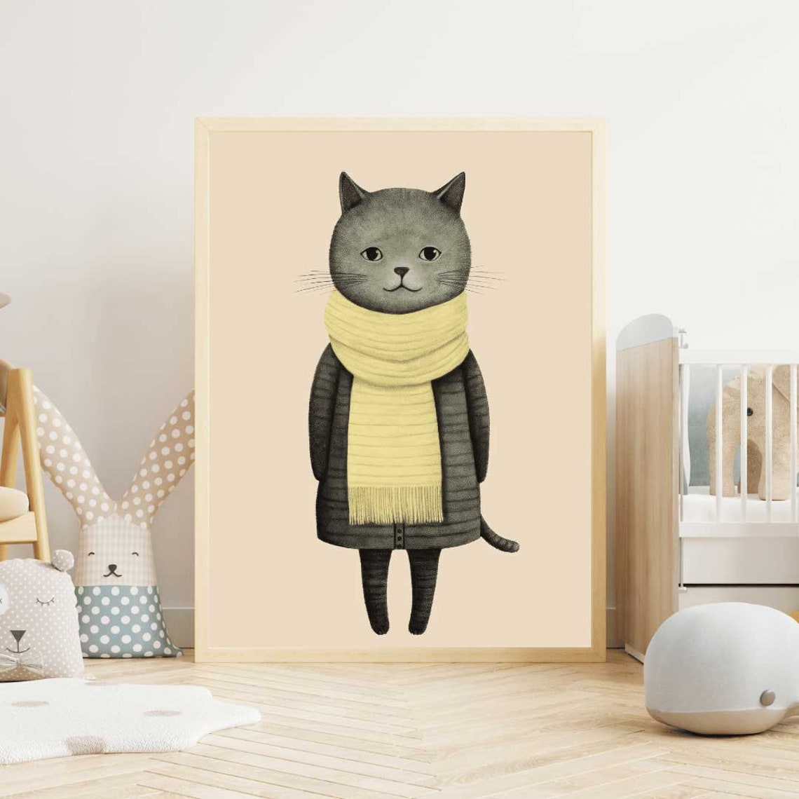 Whimsical Gray Cat in a Yellow Scarf Cozy Winter Animal Poster - Image 2