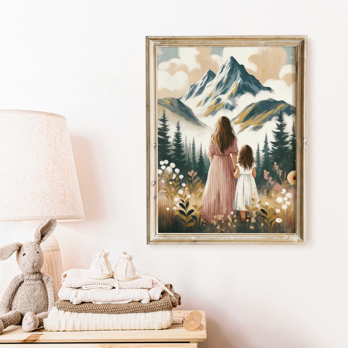 Mother and Daughter Gazing at Mountain Valley Landscape Art Poster - Image 2