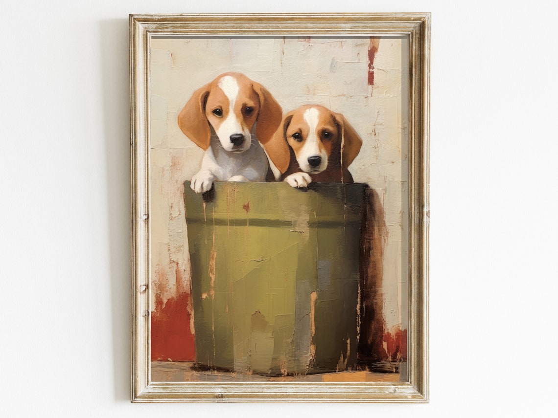Two Beagle Puppies Peeking Out of a Bucket Vintage Art Poster