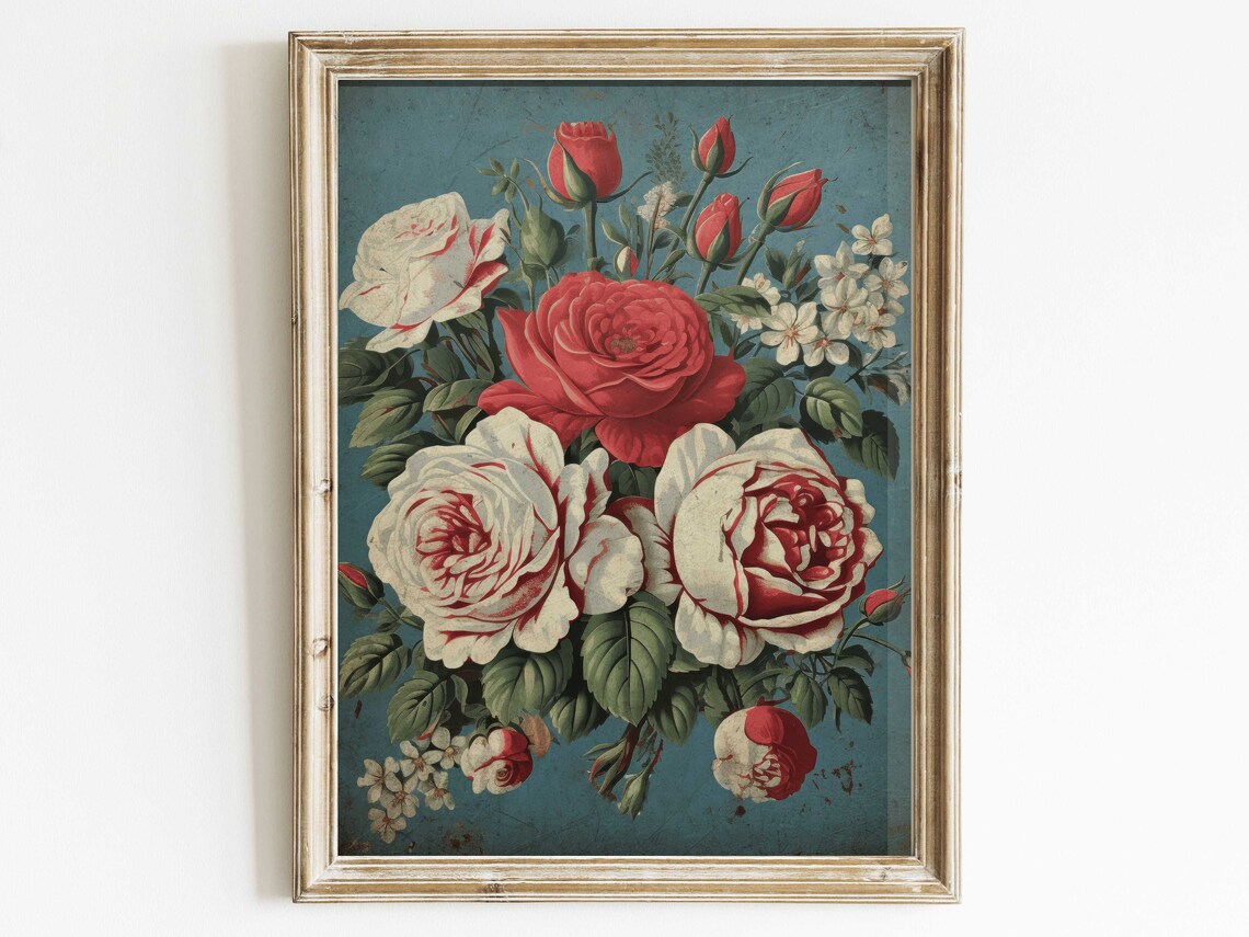 Classic Vintage Red And White Rose Bouquet On Dark Blue Poster