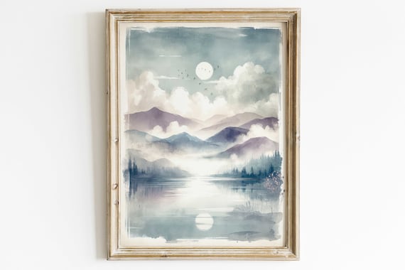 Moonlit Mountain Lake With Mist And Reflected Moon Watercolor Poster