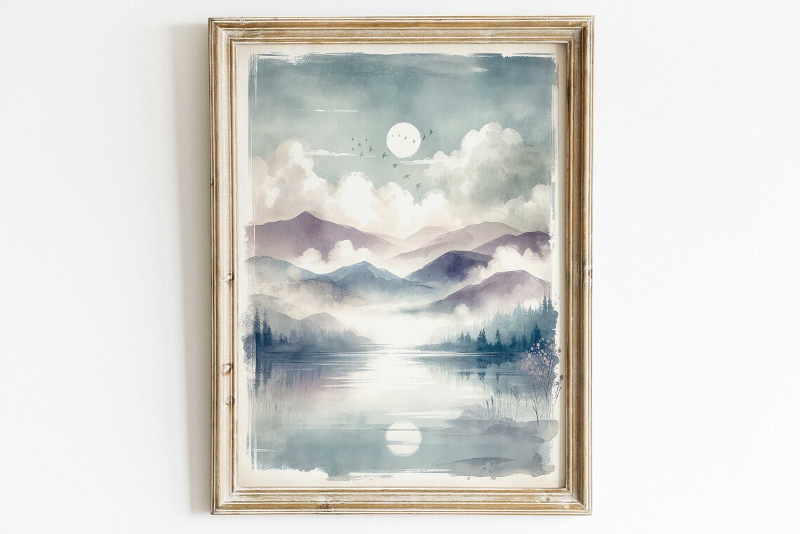 Moonlit Mountain Lake With Mist And Reflected Moon Watercolor Poster
