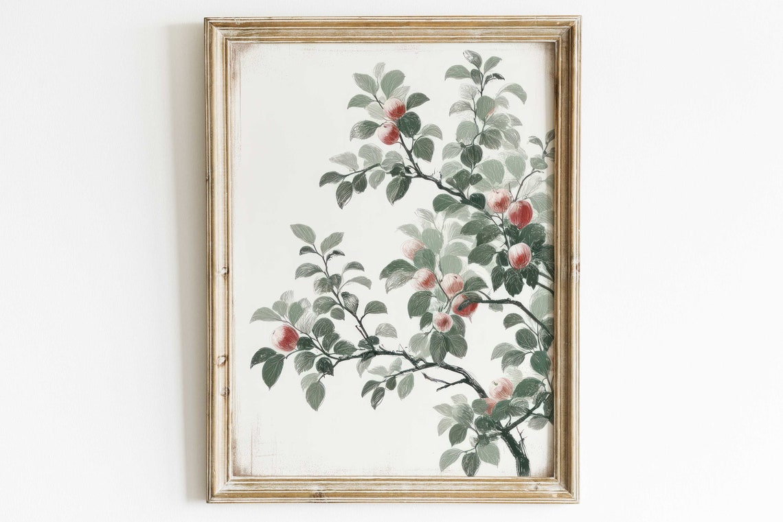 Apple Tree Branch With Red Apples Vintage Botanical Art Poster