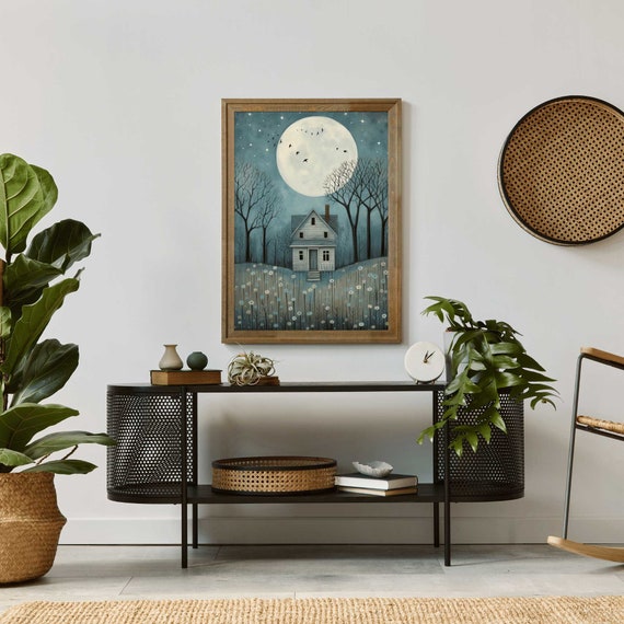 Little House Art Print Blue Kids Room Decor Full Moon Print Country Cottage Print Whimsical Wall Art Kids Wall Art