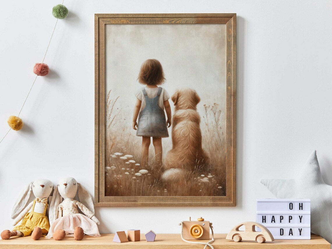 Little Girl and Golden Retriever in Wildflower Meadow Poster