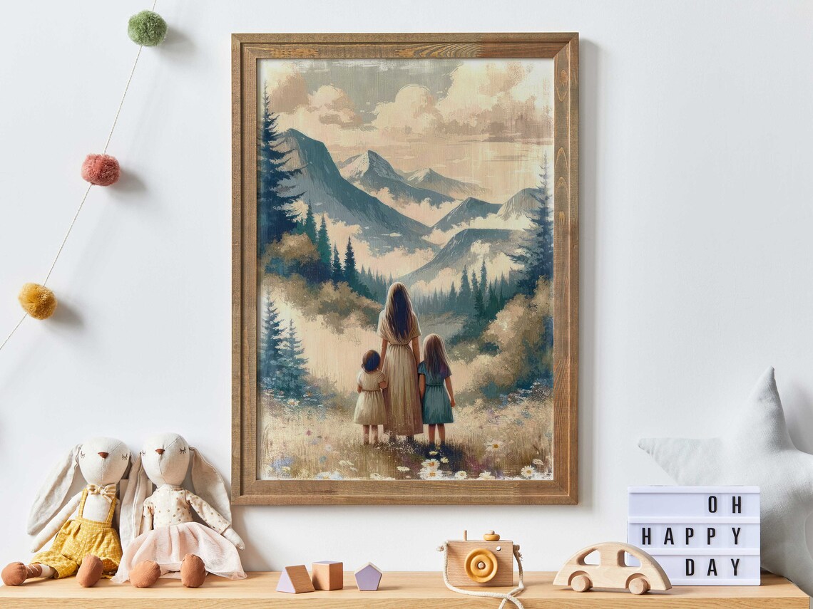 Mother With Two Daughters Facing Mountain Landscape Wildflower Poster - Image 3
