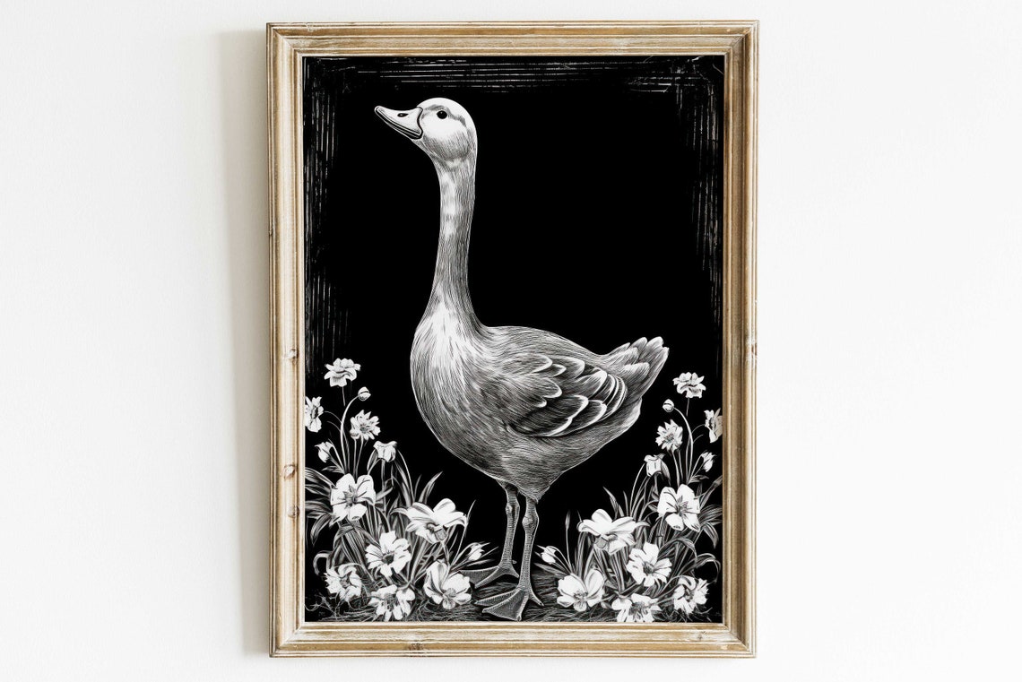 Black And White Goose Poster Floral Chalkboard Farmhouse Decor