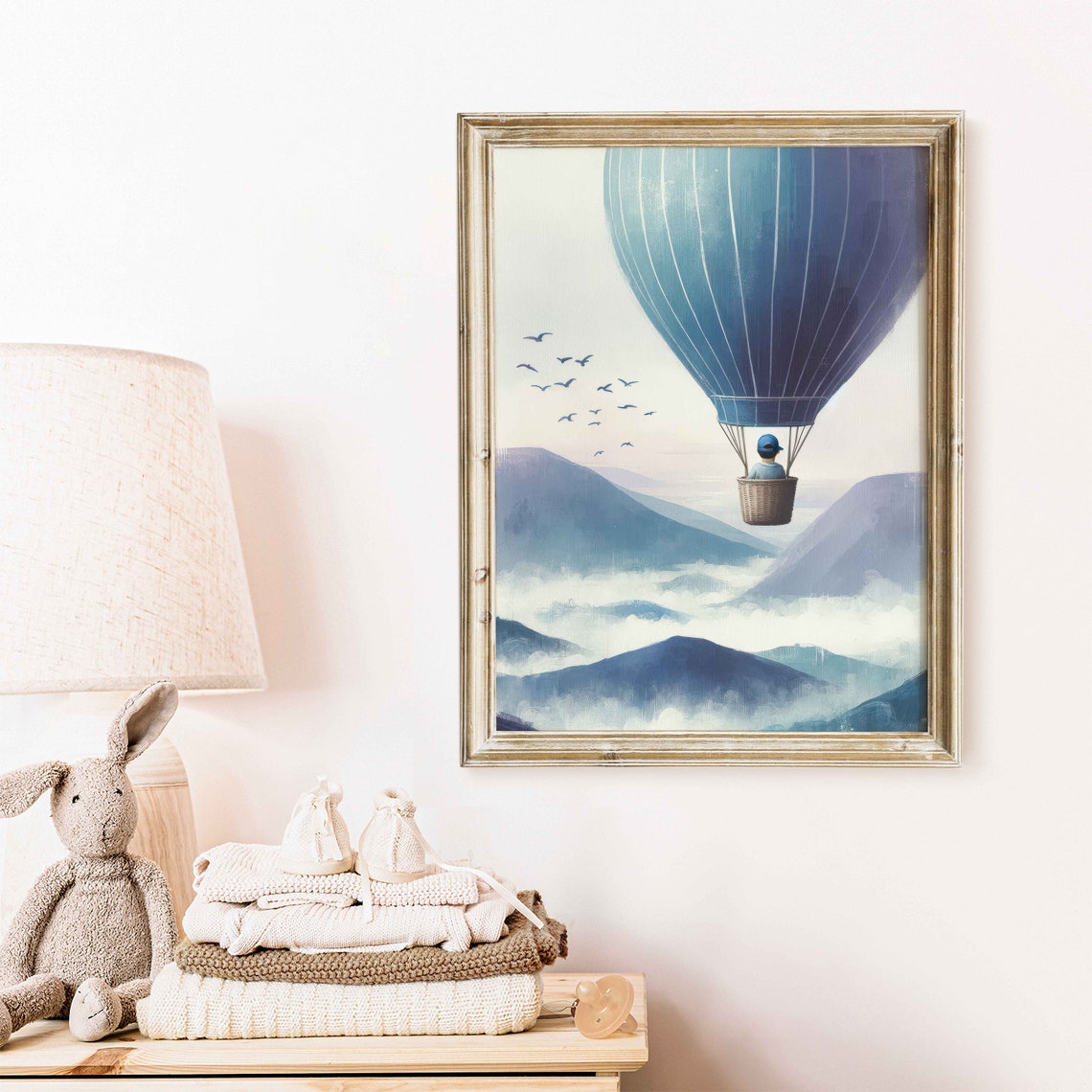 Little Boy Soaring Over Misty Blue Mountains In Hot Air Balloon Nursery Poster - Image 2