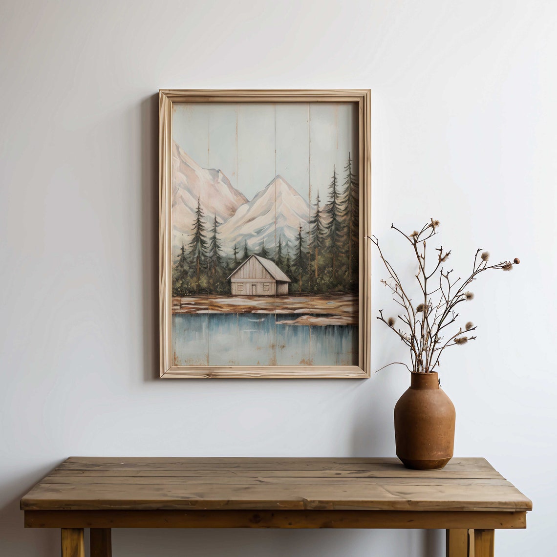 Lakeside Cabin in the Pines Beneath Painted Mountains Poster - Image 2